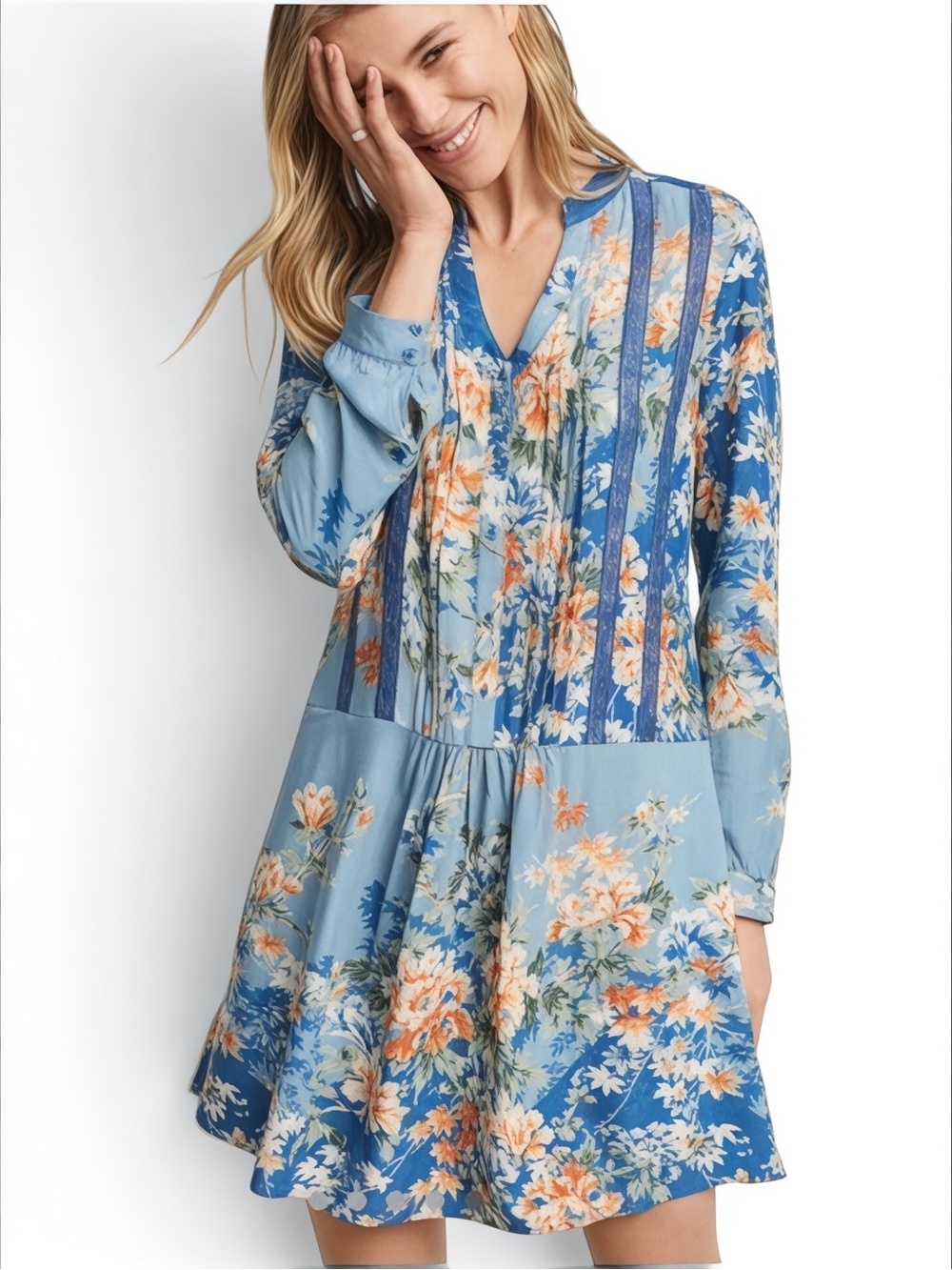 ANTHROPOLOGIE by Tiny Floral Long-Sleeve Midi Dress in Blue and Orange